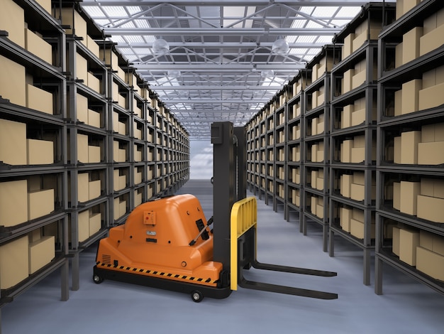 3d rendering empty automatic forklift in warehouse