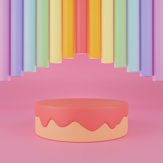 3d rendering podio torta vuota con cilindri di colore arcobaleno su sfondo rosa