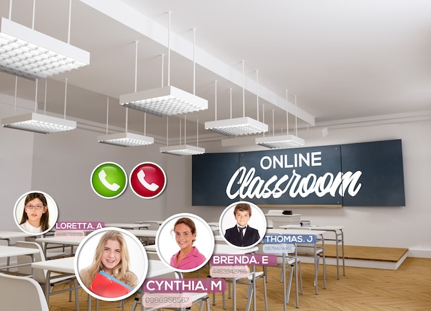 3D rendering of an Empty classroom with the words online classroom written on the blackboard and a video conference taking place