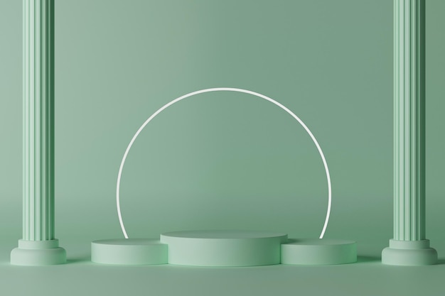 3d rendering empty cylinder podium between two columns on light green background