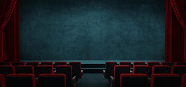 3d rendering empty dimmy theatrical stage with the red curtains drawn and rows of vacant seats