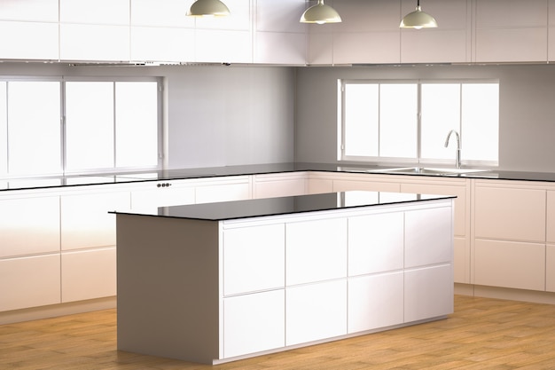 3d rendering empty kitchen cabinet with kitchen counter