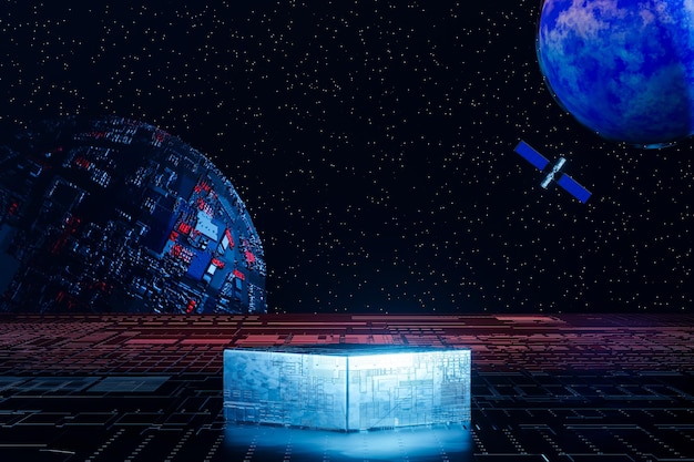 3d rendering empty metal podium with space background. Sci fi scene for product display.