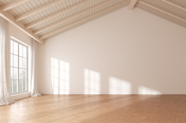 Photo 3d rendering of empty minimal room with wooden laminate floor. modern interior design with window shadow on the white wall.