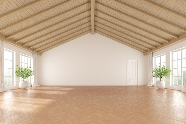 3d rendering of empty minimal room with wooden laminate floor. Modern interior design with window shadow on the white wall.