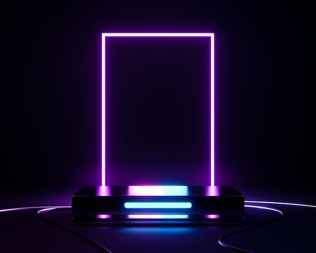 3d rendering empty neon podium with glowing pink frame on dark background