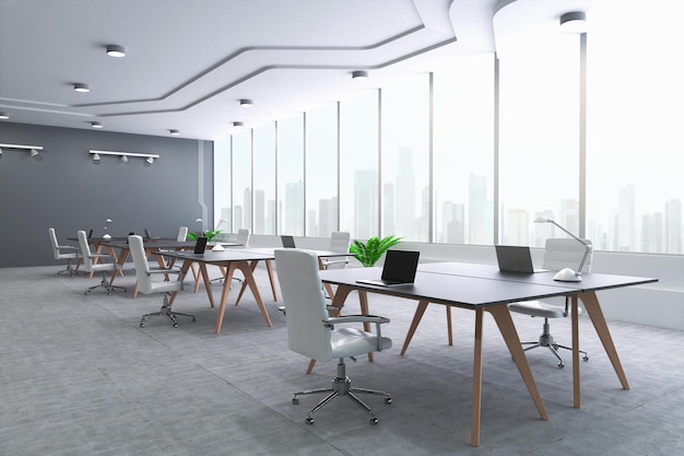 3d rendering empty office space or workspace with computer notebook