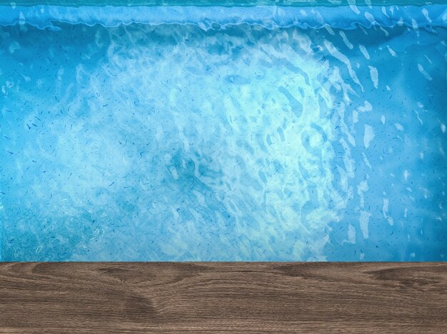 Foto 3d rendering vista dall'alto della piscina vuota con pavimento in legno