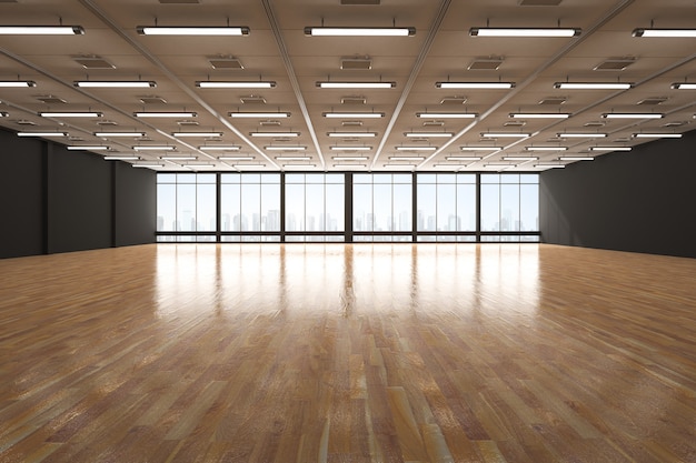 3d rendering empty room with black wall and wooden floor