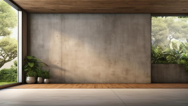 3D rendering of the empty room with a large wall of windows