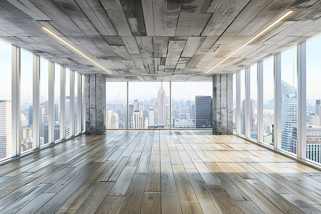 Foto rendering 3d di una stanza vuota con pavimento in legno, parete in cemento e vista dello skyline