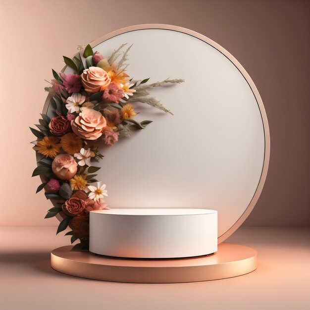 3d rendering of empty round podium display for product mockup with floral background