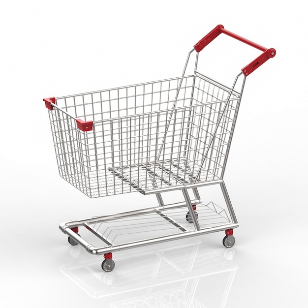 3d rendering empty shopping cart with red handle