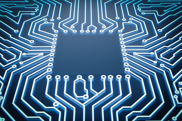 3d rendering empty square on blue circuit board