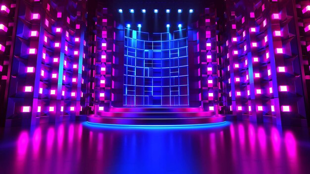 3D rendering of an empty stage with glowing neon lights The stage is surrounded by pink and blue glowing cubes