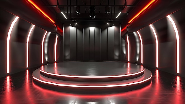 3D rendering of an empty stage with a glowing red neon light The stage is surrounded by black walls and has a curved design