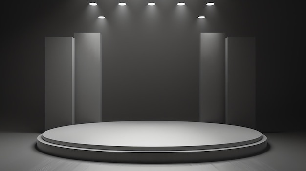 3D rendering of an empty stage with a spotlight The stage is made of a light gray material and has a slight reflective sheen