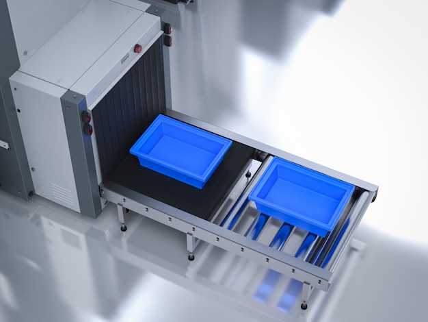 3d rendering empty trays on scanner machine at airport security checkpoint