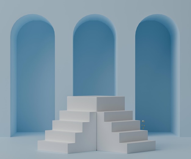 3d rendering empty white podium with two stairs on light blue\
background