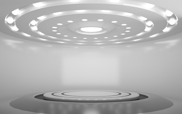 3d rendering of an empty white room with decorative lights and a round podium for product display