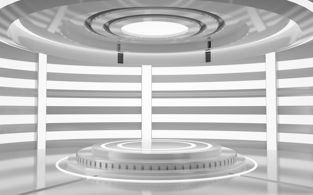 3d rendering of an empty white room with decorative lights and a round podium for product display