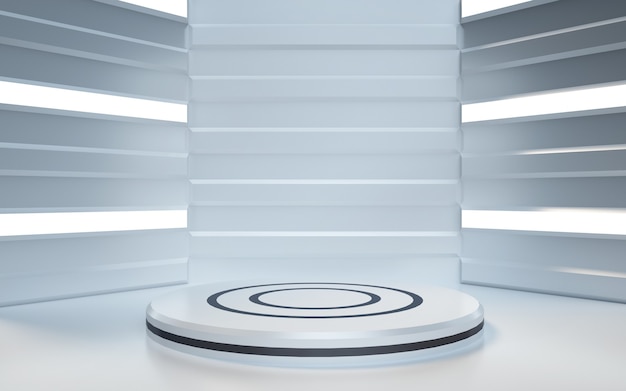 3d rendering of an empty white room with decorative lights and a round podium for product display