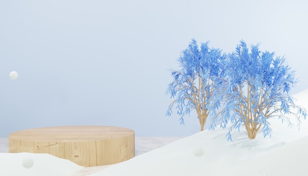 3d rendering empty wooden podium and trees surrounded by snow winter theme