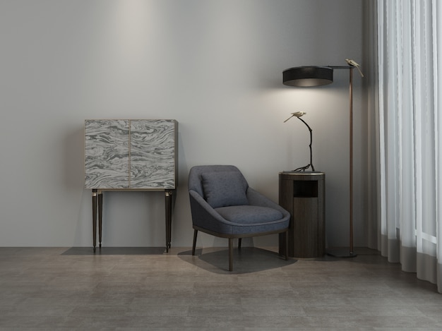 3D-rendering enkele stoel staande lamp gecombineerd huishouden