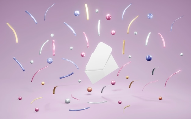 3D Rendering of envilope open showing empty card inside with confetti element around