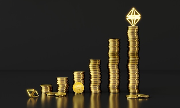 3D-rendering Ethereum-muntstapel die digitaal muntconcept verhandelt Digitale cryptocurrency blockchain