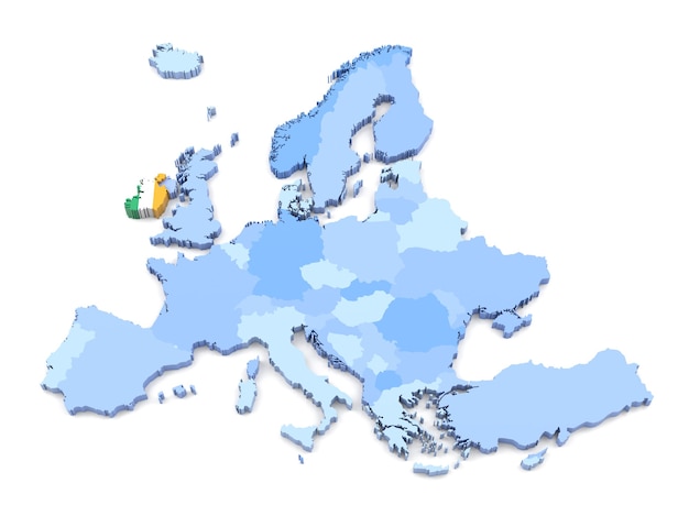 Photo 3d rendering of europe map, ireland with flag