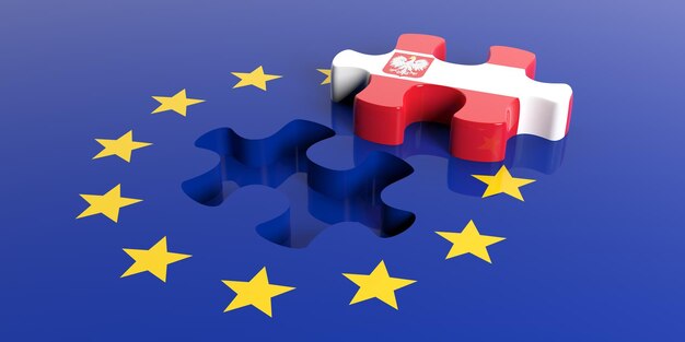 Foto rendering 3d bandiera dell'unione europea bandiera della polonia pezzo di puzzle