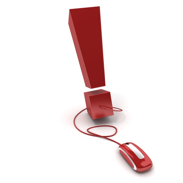3D rendering of an exclamation mark connected to a computer mouse