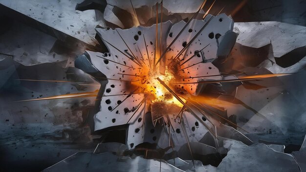 3d rendering explosion broken concrete wall bullet hole destruction abstract background