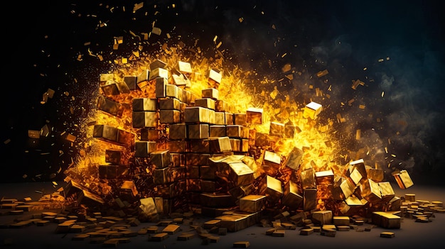 Photo 3d rendering of explosion of gold particles explosion of golden cubes ai generated