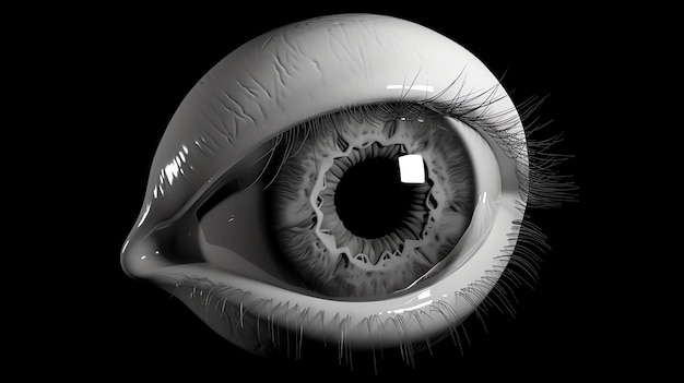 Photo a 3d rendering of an eyeball the eyeball is white and has a black pupil the eyeball is surrounded by black eyelashes