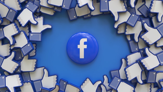 Photo 3d rendering of facebook's badge surrounded by a bunch of like icons over blue background