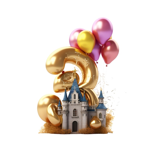 3D rendering of a fairytale castle with balloons and golden 3rd birthday numbers