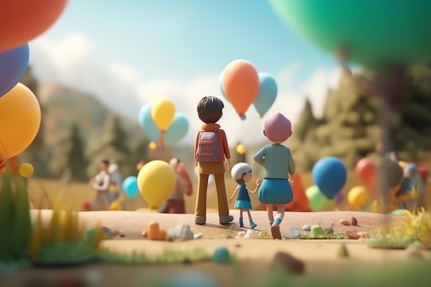 A 3d rendering of a family looking at balloons.