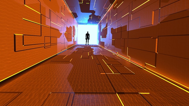 3D-rendering fantastisch silhouet van een eenzame man voor lichtgevende teleport 3D-illustratie