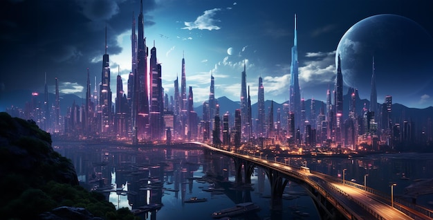 환상의 외계 행성 미래 도시의 3D 렌더링
