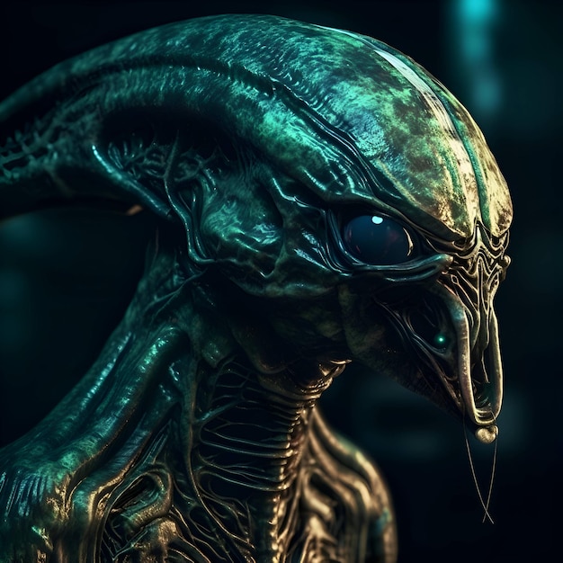 Photo 3d rendering of a fantasy alien with green eyes in a dark background