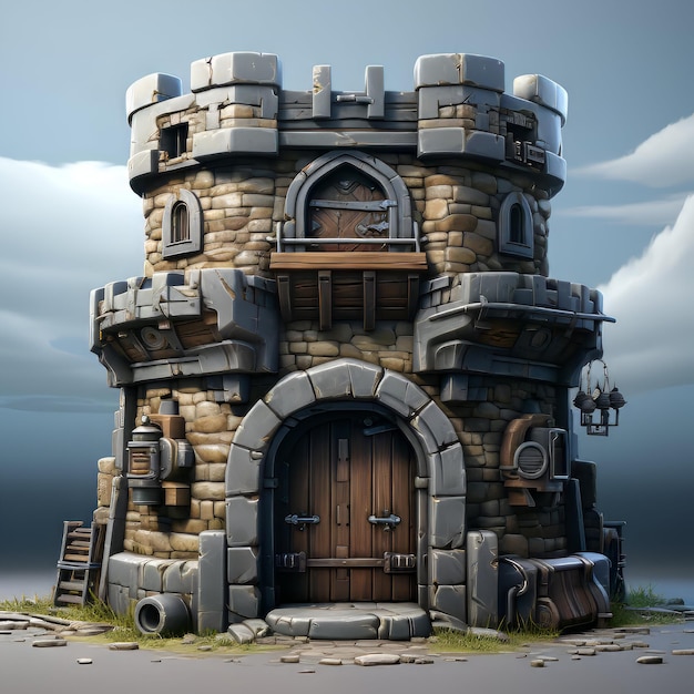 3D rendering of a fantasy castle on a stormy sky background