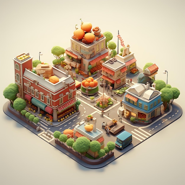 Photo 3d rendering of farmers market city isometric miniature