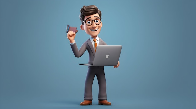 A 3D rendering featuring a smiling 3D figure ready to work holding a laptop while standing