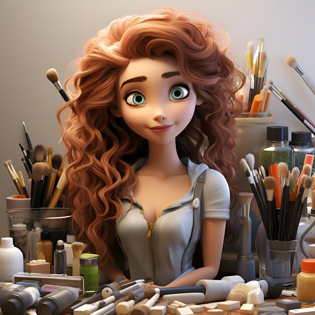 Foto rendering 3d di un'artista femminile con i capelli lunghi nel suo studio