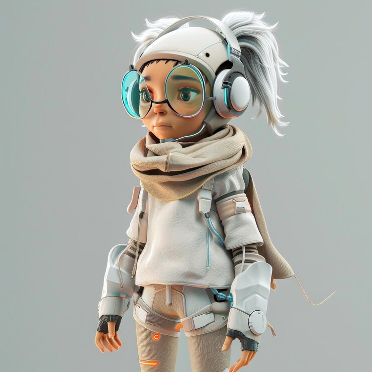 Photo 3d rendering of a female astronaut with headphones isolated on gray background