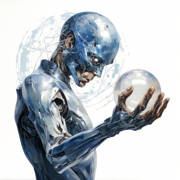 3d rendering of a female cyborg holding a crystal ball