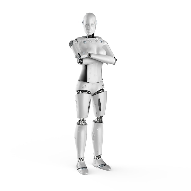 3d rendering female cyborg or robot arm crossed on white background