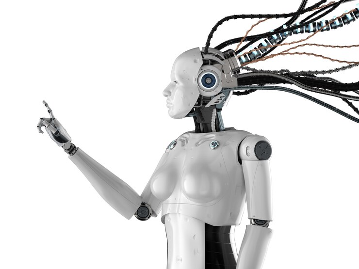 Photo 3d rendering female cyborg or robot with science fiction character finger point